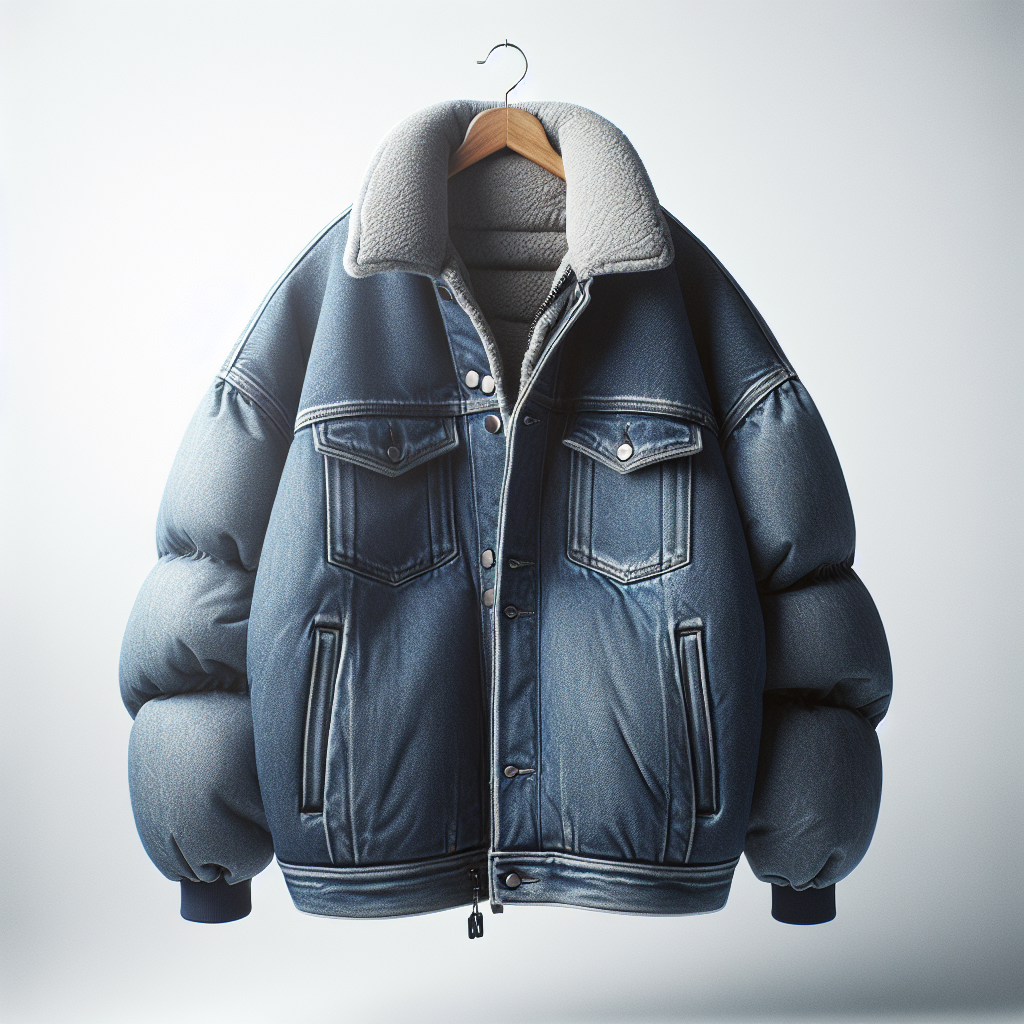 Men's oversized and insulated denim outerwear in a hanger on a white background.
